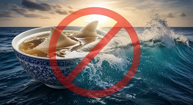 a surreal depiction of a shark fin emerging from a bowl of soup with a striking red prohibition symbol overlaying the scene