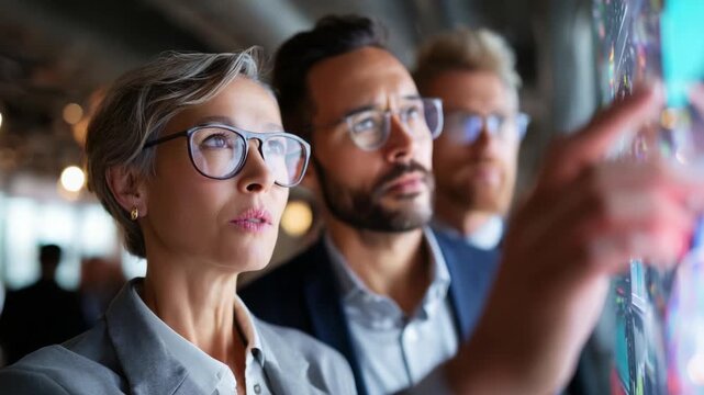 Focused Professionals Analyzing Data on a Digital Display: A Scene of Collaboration and Concentration in a Modern Workspace Setting Featuring Engaged Individuals in Thoughtful Discussion