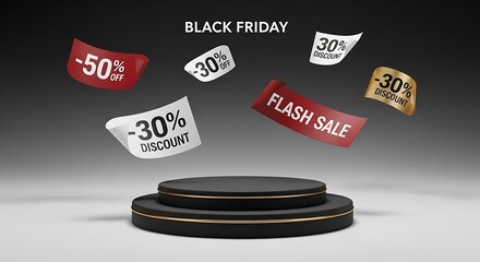 Black Friday flash sale promotion with 30% and 50% discounts on a modern display podium