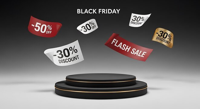Black Friday flash sale promotion with 30% and 50% discounts on a modern display podium - Powered by Adobe