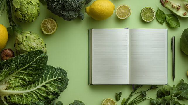 Bright vegetables and fruits, including broccoli, cabbages, and lemons, are arranged around a blank notebook and a pen on a green table. This scene invites creativity and healthy inspiration.