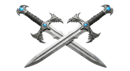 Crossed fantasy swords with blue gemstones transparent background cutout png