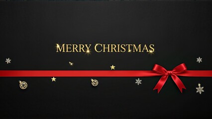 Elegant Merry Christmas greeting banner with a red ribbon bow on a black background.