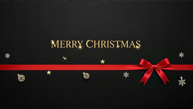 Elegant Merry Christmas greeting banner with a red ribbon bow on a black background.