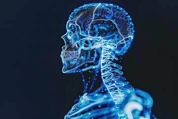 Artistic glowing x-ray illustration of human skeleton in dark background
