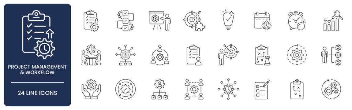 Project Management and Workflow Line Icon Set with Editable Stroke. Collection of strategic plan, schedule, budget, deadline, task list, optimization, manager, meeting, collaboration, and goal symbols