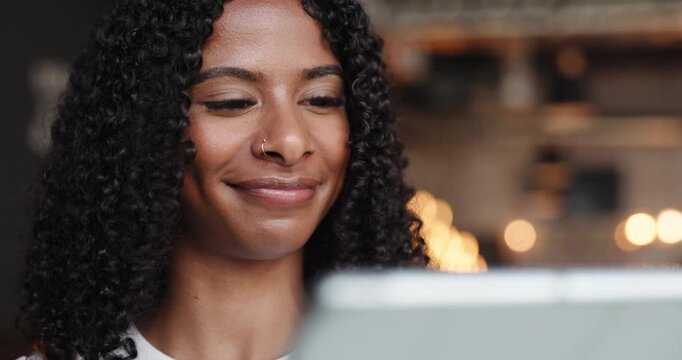 Online order, tablet and thinking with waitress in coffee shop for hospitality management. App, idea and smile with happy woman in cafe or restaurant for decision, planning or service schedule