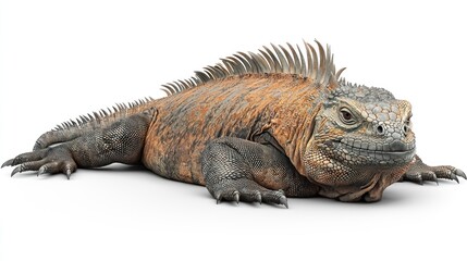 Obraz premium Marine iguana resting, orange and gray, on white background