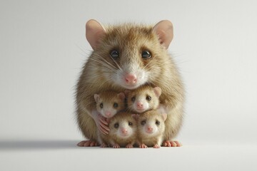 Mouse family! Adult mouse hugging three baby mice in a soft, studio light scene