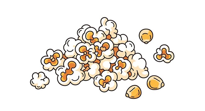Hand drawn cartoon pile of salty popcorn with unpopped corn kernels isolated on white background

