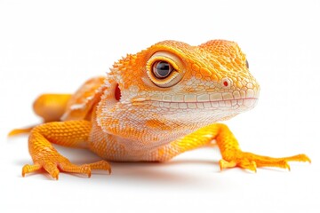 Obraz premium Orange lizard, close-up, facing forward, on a white background, slightly textured skin