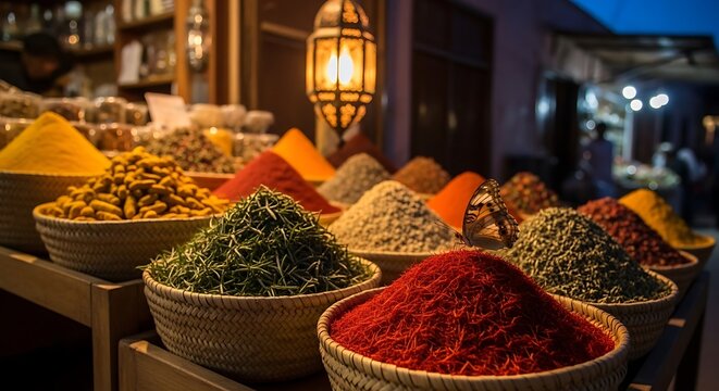 a vibrant display of colorful spices in woven baskets at a market stall illuminated by a glowing lantern creating an inviting atmosphere