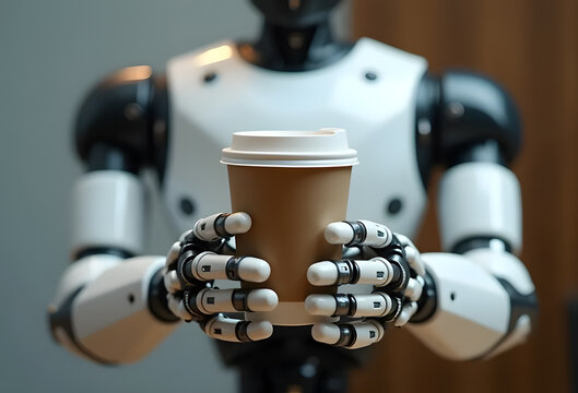 Closeup of robot's hand holding disposable coffee cup, AI tech concept