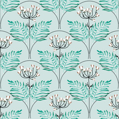 Seamless colorful floral pattern in art deco style on light green background.