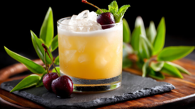 Retro whiskey sour with frothy top and cherry garnish, isolated for heritage bar menus and classic print ads.