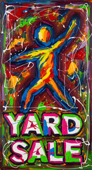 Vibrant Yard Sale Abstract Painting with Dynamic Figure and Paint Splatters