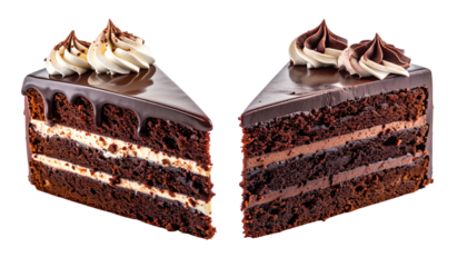 Two delicious slices of layered chocolate cake with cream frosting