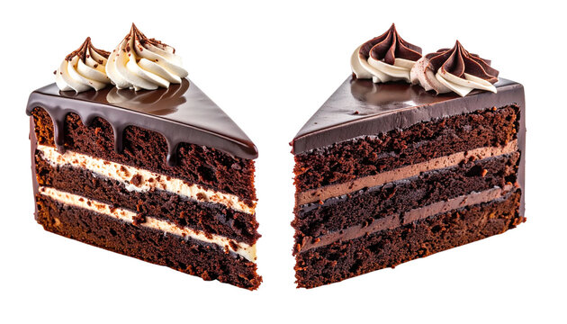 Two delicious slices of layered chocolate cake with cream frosting