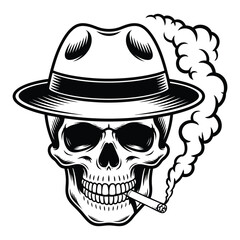 A stylized black and white illustration of a human skull wearing a fedora hat, smoking a cigarette with smoke rising, depicting a cool, vintage, or gangster character