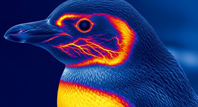 a striking close up portrait depicts a penguin s head visualized through thermal imaging showcasing vibrant heat distribution patterns and color gradients