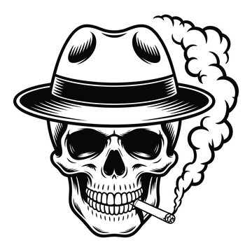 A stylized black and white illustration of a human skull wearing a fedora hat, smoking a cigarette with smoke rising, depicting a cool, vintage, or gangster character