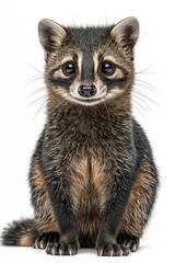 Fototapeta premium Portrait of a cute raccoon pup with dark mask, sitting up straight on white