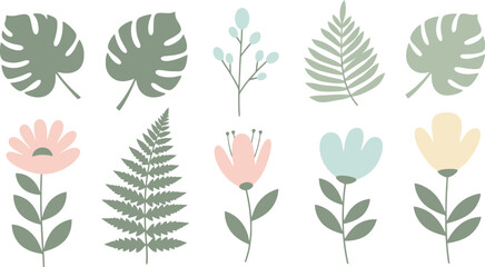 Collection of various stylized leaves and flowers in soft pastel colors perfect for decorative designs.