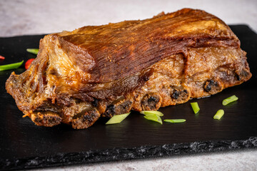 Close-up roasted pork rib slab
