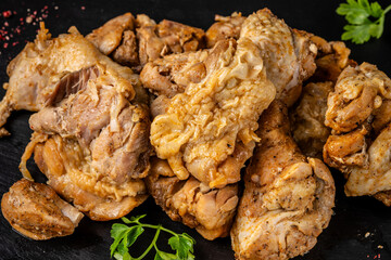 Close-up roasted chicken pieces