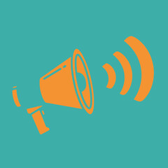 Orange megaphone with sound waves on teal background