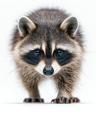 Fototapeta premium Raccoon portrait. Cute face with black mask, fluffy fur on white background