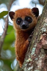 Obraz premium Red lemur clings to tree trunk, big eyes staring, orange fur, nature background