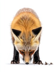 Naklejka premium Red fox isolated on white, focused, head down, sniffing