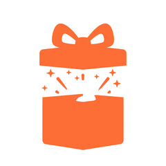 Orange gift box icon with a bow, opening to reveal a magical surprise with sparkles. Vector illustration for celebrations and giving