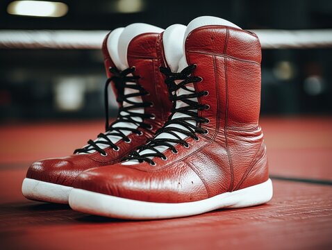Red leather boxing boots with white trim on a red floor under ring ropes