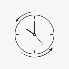A simple line art icon of a clock with circular arrows, symbolizing the passage of time, duration, and scheduling concepts in a minimalist vector design
