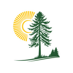 Graphic illustration of a pine tree with sun and small forest on a white background