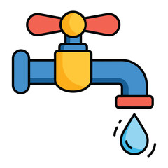 Colorful cartoon illustration of a water tap with a single drop falling, symbolizing water conservation and plumbing
