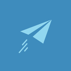 Modern graphic icon of a light blue paper airplane, flying rapidly upwards to symbolize the concept of swift communication, digital message delivery, and the quick spread of information or innovation