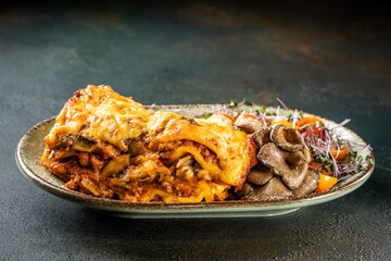 Cheesy mushroom lasagna slice