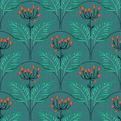 Seamless colorful floral pattern in art deco style on turquoise background.