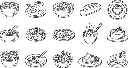 Large Food Dishes Line Art Icon Set: Soup, Salad Bowls, Bread, and Desserts