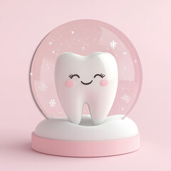 3D render of a pastel snow globe with a cute smiling Santa tooth cookie inside, set against a soft pink snowy background, perfect for holiday branding, product visuals, festive ads banner web flyer