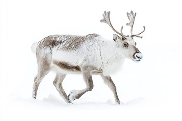 Reindeer walking in snow, light brown fur with white, simple background