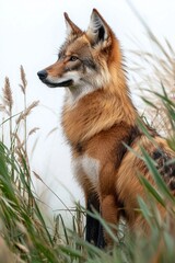 Naklejka premium Regal canid stands amidst tall grass, gazing into the distance