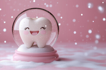 3D render of a pastel snow globe with a cute smiling Santa tooth cookie inside, set against a soft pink snowy background, perfect for holiday banner web design 
