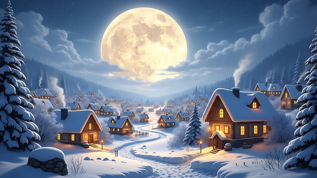 Winter wonderland village under moonlight scene with snow covered cottages and trees
