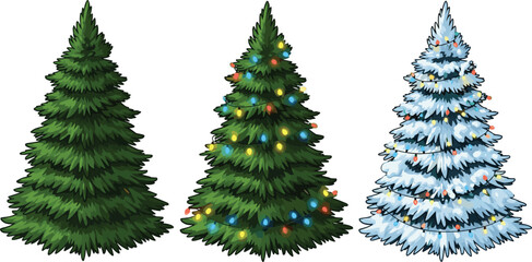 Christmas Trees Set Vector Illustration, Three Styles: Plain Green, Decorated with Colorful Lights, and Snowy Flocked Fir.