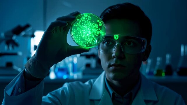Man scientist looking at glowing petri dish with microorganism culture. Microalgae research for biofiber and high-tech material creation.