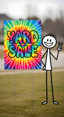 Cartoon stick figure with colorful tie-dye 'YARD SALE' sign on green grass, promoting outdoor sales